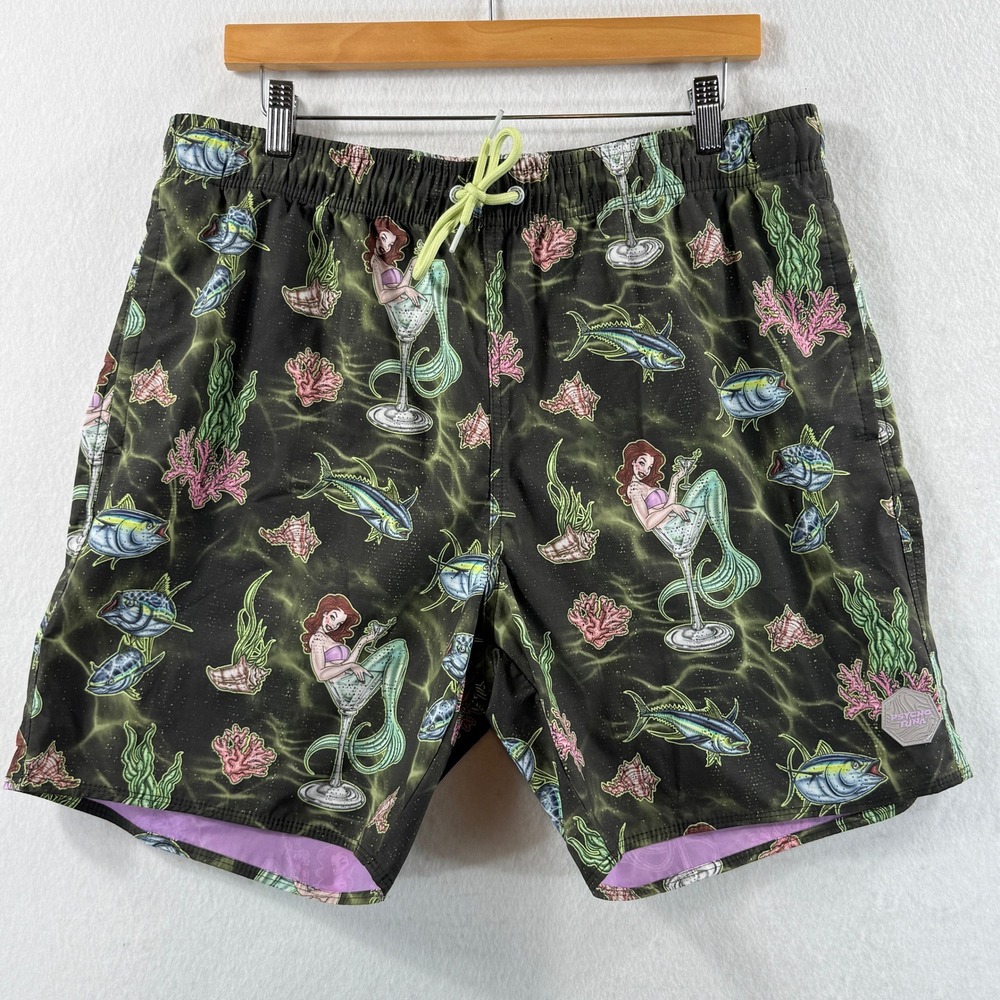 Psycho Tuna Swim Trunks Mens XL Black Mermaid Martini Fish Board Shorts Surf